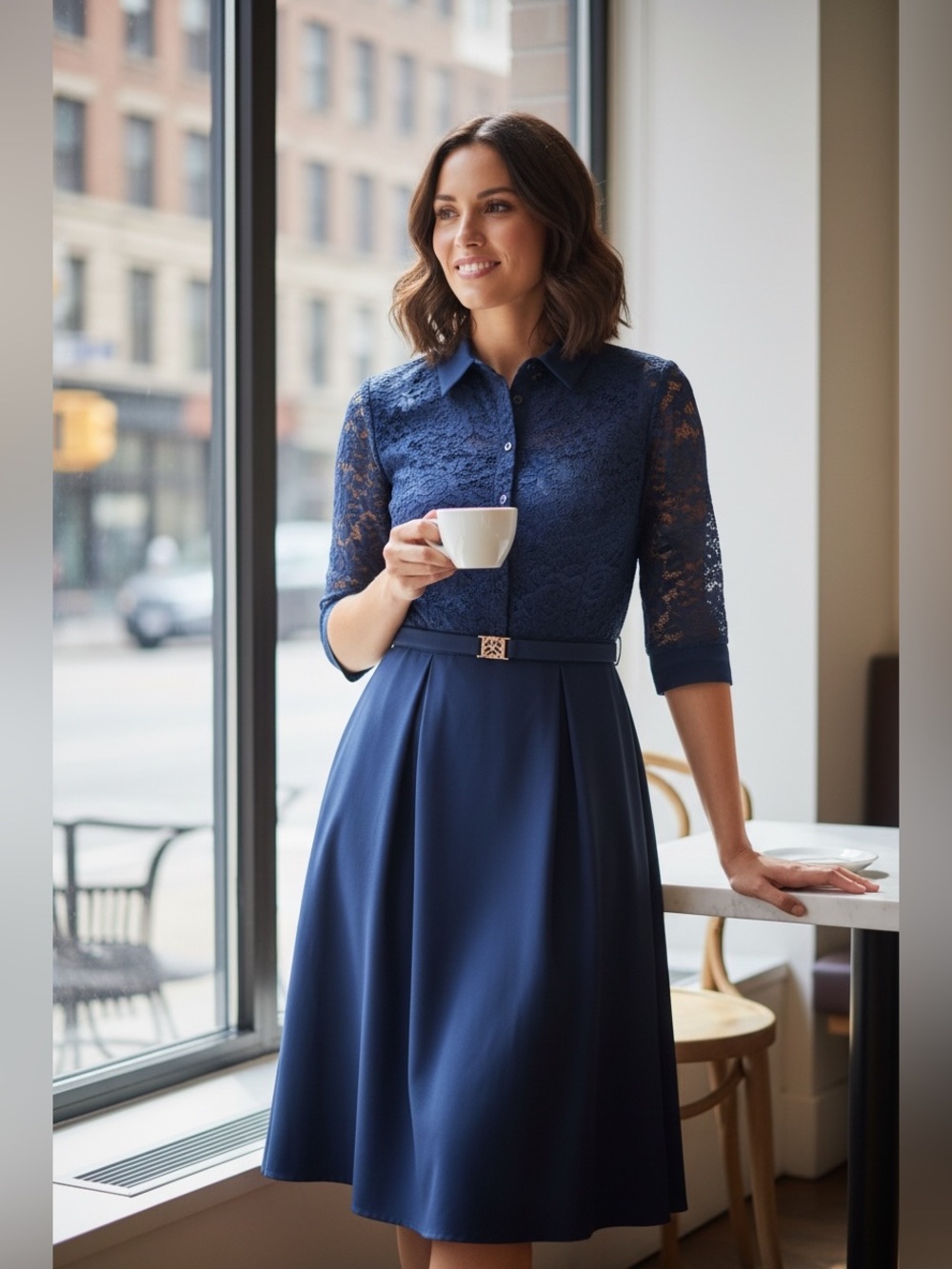 Mabeler Navy Blue Lace Button Down Fit-and-Flare Dress with Belt Sz S